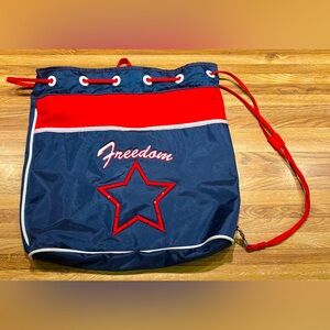 Embroidered Freedom Red White Blue Draw String Bag, Front Pocket, Metal Clasp